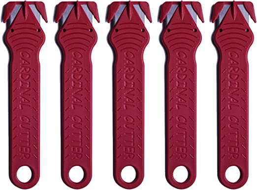 Cardinal Safety Box Cutter with Concealed Stainless Steel Blade, Package Opener Plastic Cutter for Box, Carton, Shrink Wrap, Plastic Straps (Red, Pack of 5)