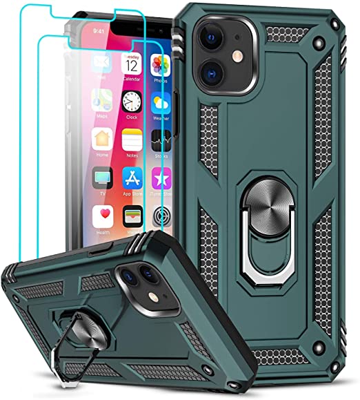 LeYi Compatible for iPhone 11 Case with [2 Pack] Tempered Glass Screen Protector, Military-Grade Armor Phone Cover Case with Ring Magnetic Car Mount Kickstand for iPhone 11 6.1 inch, Midnight Green