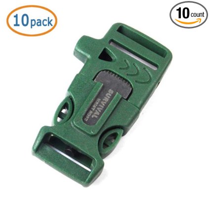 Whistle Buckle, WOVTE 1.8 x 0.75 Inch Whistle Buckles with Flint Fire Starter and Striker for Paracord Bracelet Army Green Pack of 10