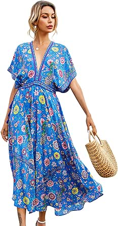 R.Vivimos Women Summer Print Deep V Neck Cotton Beach Long Dresses