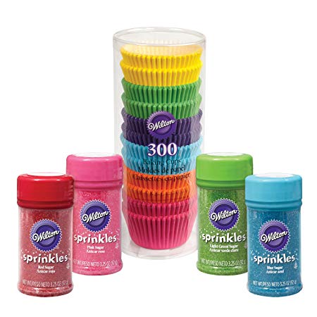 Wilton Rainbow Cupcake Decorating Kit - Cupcake Liners with Blue, Pink, Red, and Green Sugar and Sprinkles