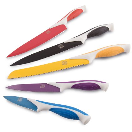 MEGALOWMART Set of 5 Colored Stainless Steel Multicolored Knife Set Cutlery Kitchen Knives