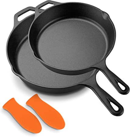 NutriChef 10" & 12" Kitchen Frying Nonstick Cookware Set w/Drip Spout Pre-Seasoned Cast Iron Skillet Pans, 10 inch - 12 inch, Ceramic