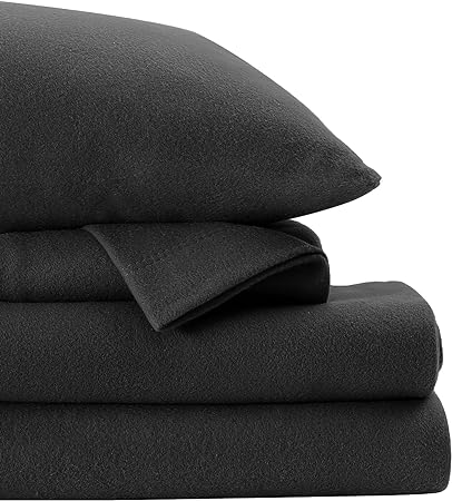softan Flannel Queen Sheets Set 4-Piece Micro Polar Fleece Bed Sets with 15" Deep Pocket Fitted Soft Warm Sheet, Flat Sheet and Pillowcase, Black