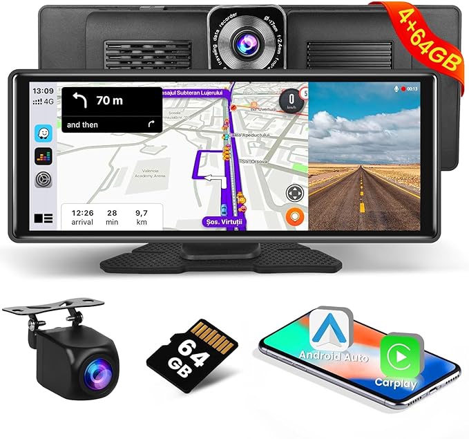 【Android 13/4 64G】Portable Car Radio Reciever with Wireless Apple Carplay/Android Auto, Hikity 10.26 Inch Touchsreen Car Stereo with Dashcam Rear Cam Bluetooth Mirror Link AUX FM Transmitter