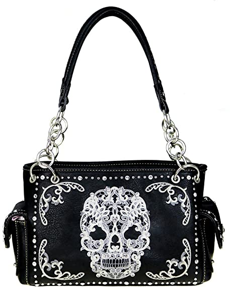 MW494G-8085 Montana West Sugar Skull Concealed Carry Satchel Handbag (Black/White), Large