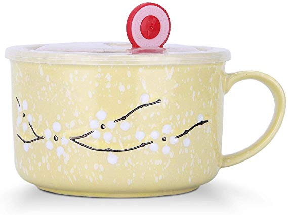 VanEnjoy 30oz Ceramic Bowl Set with Lid & Handle,Cherry Blossoms Among Snow Flake Pattern,Microwave for Instant Noodle Sara, Cereal Bowl (Yellow)
