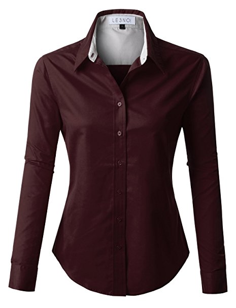 LE3NO Premium Womens Easy Care Long Sleeve Button Down Work Shirt