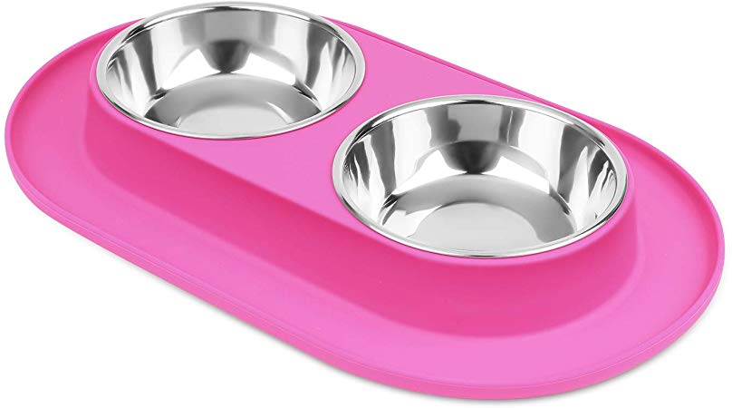 Flexzion Double Dog Bowl Feeding Station, Skid Proof Silicone Base with Spill Proof Raised Lip & Two Stainless Steel Bowls for Food and Water, Ideal for Small to Medium Size Dogs Cats Pet