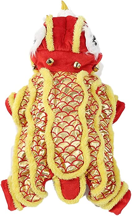 DELIFUR Dog Dance Lion Costume with Yellow Sequins New Year Pet Costume Four Legs Hoodies for Small Meduim Large Dogs (X-Small)