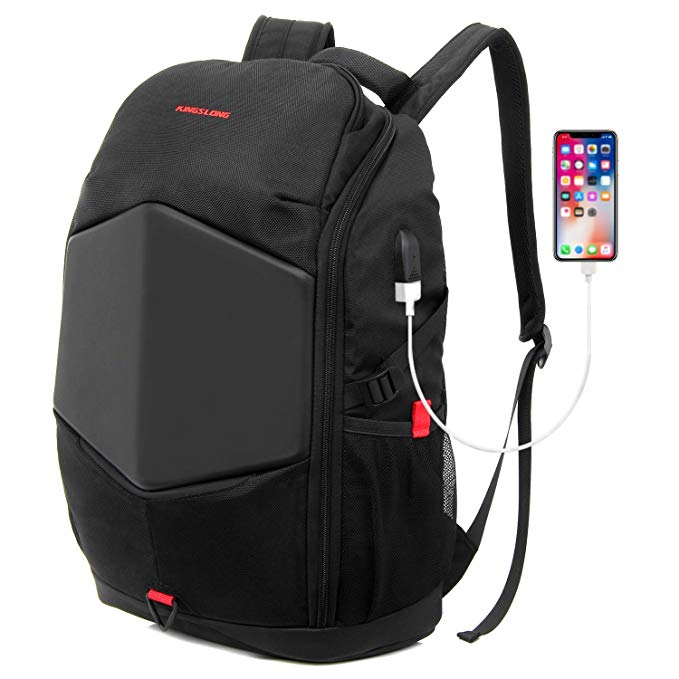 KINGSLONG Laptop Backpack 17-17.3 Inch Gaming Backpack with USB Charger Port Rain Cover Motorcycle Riding Cycling Waterproof Business School Travel Bags for Men Women (Black)