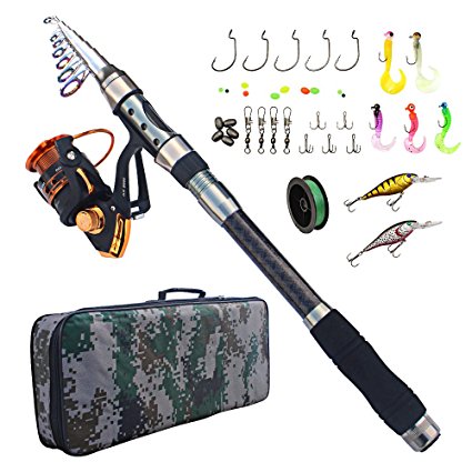 Fishing Rod and Reel Combo Carbon Fiber Telescopic Spinning Portable Fishing Pole Fishing Gear with Line Lure Hooks Fishing Bag for Sea Saltwater Freshwater Boat Fishing