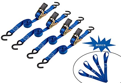 Ratchet Tie Down Straps - Cargo Straps for Moving Appliances, Lawn Equipment, Motorcycle - 500 Load Capacity & 1,500 Lbs Breaking Strength - 4 Pack & 4 Bonus Soft Loops - By AUGO