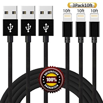 BULESK iPhone Cable 3Pack 10FT Nylon Braided Certified Lightning to USB iPhone Charger Cord for iPhone 7 Plus 6S 6 SE 5S 5C 5, iPad 2 3 4 Mini Air Pro, iPod Nano 7- (Black)