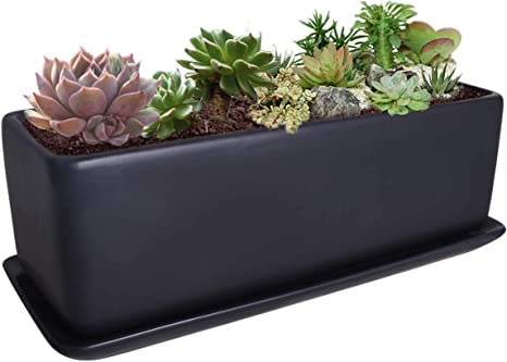 Vencer 12 Inch Rectangular Modern Minimalist Ceramic Succulent Planter Pot - Window Box with Saucer,Office Desktop Potted Stand,Black,VF-0135B