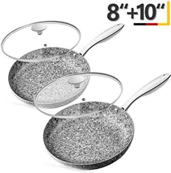 MICHELANGELO Frying Pan Set with Lid, 8" & 10" Granite Frying Pan Set with 100% APEO & PFOA-Free Stone Earth Non Stick Coating, Granite Skillet Set with Lid - Granite