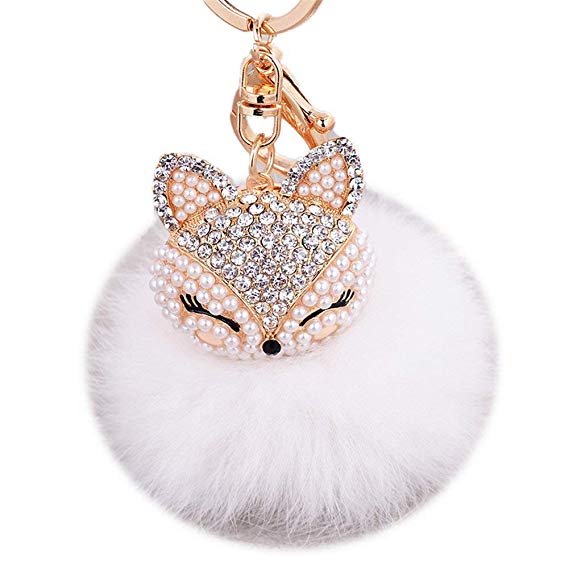 EASYA Real Fox Fur Ball with Artificial Fox Head  Pearl Rhinestone Key Chain - White