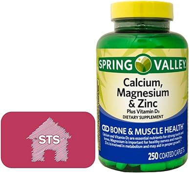 Spring Valley | Calcium, Magnesium & Zinc Plus Vitamin D3 | 250 Coated Caplets | Healthy Bones, Teeth, Nerve, Muscle, Heart & Immune Function   STS Sticker.