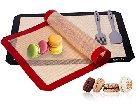 Silicone Baking Mat - Set of 2 Half Sheet (Thick & Large 11 5/8" x 16 1/2") Nonstick Food Grade Silicone Baking Mat, Silicone Baking Brush, Silicone Baking Spatula | BPA Free by Sboly