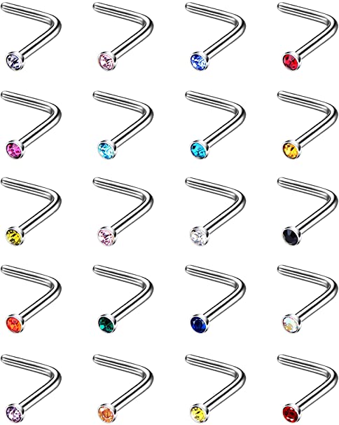 Mudder 20 Pieces Curved Nose Stud Stainless Steel Nose Ring Crystals L Bend Nose Screw Piercing, 20 Gauge (Assorted Colors)