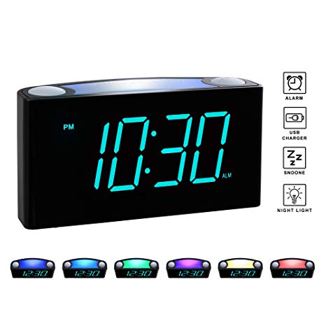 Rocam Digital Alarm Clock for Bedrooms - Large 6.5" LED Display with Dimmer, Snooze, 7 Color Night Light, Easy to Set, USB Chargers, Battery Backup, 12/24 Hour for Kids, Heavy Sleepers, Elderly (Blue)