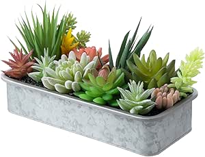 MyGift 10 Inch Artificial Assorted Succulent Arrangement in Rectangular Rustic Galvanized Metal Window Box Style Planter, Tabletop Faux Plants Centerpiece