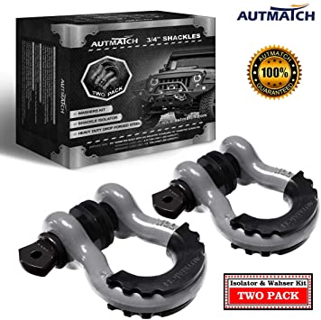 AUTMATCH Shackles 3/4" D Ring Shackle (2 Pack) 41,887Ib Break Strength with 7/8" Screw Pin and Shackle Isolator & Washers Kit for Tow Strap Winch Off Road Towing Jeep Vehicle Recovery Gray & Black