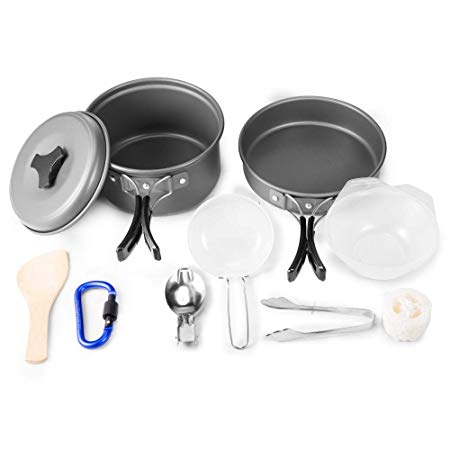 Lion Camping Cookware Mess Kit Lightweight 11 Pieces Non Stick Cooking Pot Pan with Bowl Spoon and Mini Stainless Steel Tongs for Outdoor Backpacking Hiking Picnic