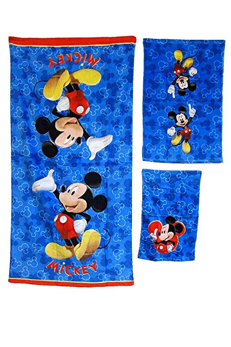 3 Pieces Disney Pixar 100% Cotton Bath, Hand, and Fingertip Towel Sets (Mickey Mouse)