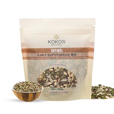 Kokos Natural 5 in 1 Super Seeds Mix - 200 Gm, Contains Flax Seeds, Watermelon Seeds, Chia Seeds, Sunflower Seeds, Pumpkin Seeds - Roasted & Unsalted, Rich in Omega-3 - Ideal for snacking & toppings