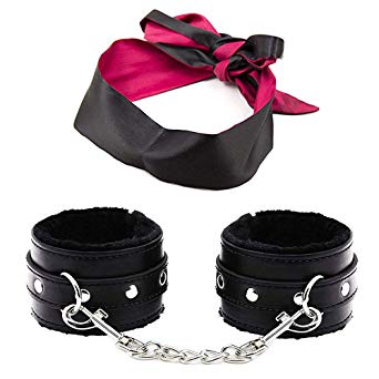 Soft Handcuffs Wrist Cuffs and Satin Blindfold Eye Mask for Women Men Black