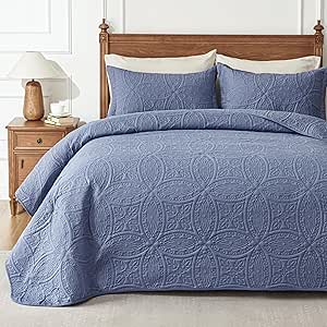 Love's cabin Quilts for Queen Bed Blue Bedspreads Bedding Set - Summer Quilt Lightweight Microfiber Bedspread - Coin Palm Pattern Bedding Coverlet for All Season - 3 Piece (1 Quilt, 2 Pillow Shams)