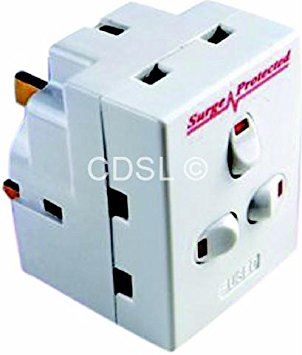 3 way switched surge protected 13A adaptor 3 gang UK mains plug-in adapter with NEON switches