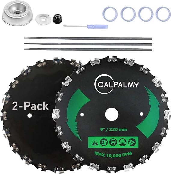 CALPALMY (2-Set) 9" x 20T Chainsaw Tooth Brush Blades Tool Kit, – 2 Blades, 3 Assorted Round Files and 4 Washers | for Cutter, Trimmer, Weed Eater | Made from Carbon Steel, Cuts Like Butter