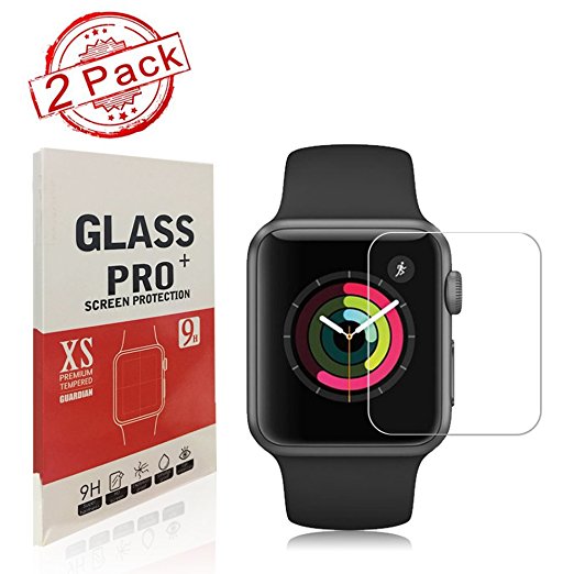 [2 Pack] Apple Watch 38mm Screen Protector,Auideas - [Only Covers the Flat Area] Anti-Scratch, 9H Hardness, Bubble Free Tempered Glass Screen Protector for Apple Watch 38mm