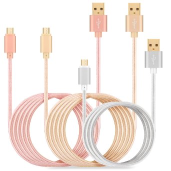Galaxy S6 S7 Charger Cable, Pack-3 [2pc 10ft 1pc 3ft] Gold Plated Premum Long High Speed Fast Nylon Braided Micro USB Charging Cord for Samsung Galaxy S6 S7 Edge S4, Note 4 5 Tab A S2 A7 A9 J5 J7 More