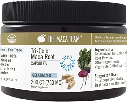 The Maca Team Heritage Harvest Organic Gelatinized Tri-Color Maca Root Capsules, Certified Organic, 750 mg, 200 Count