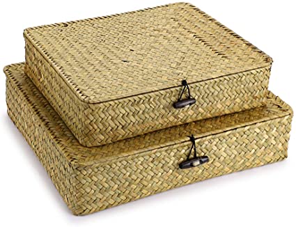 Hipiwe Set of 2 Flat Woven Wicker Storage Bins with Lid - Natural Seagrass Basket Boxes Multipurpose Home Organizer Bins Boxes for Shelf Organizer, Natural color