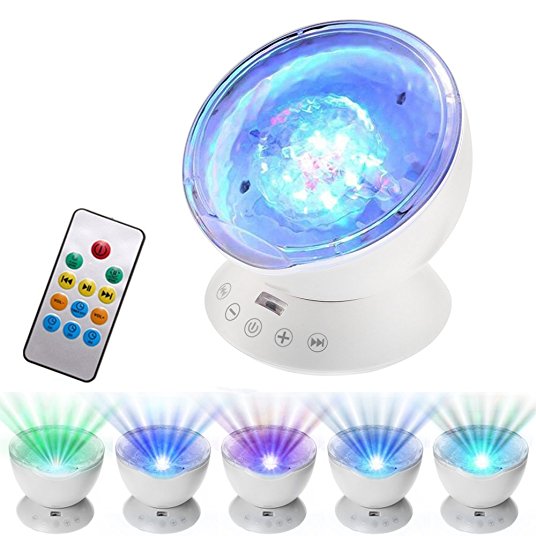 Night Light Projector , MENGGOOD Ocean Wave Projector Lamp Speaker 12 LED Remote Control Built-in Music Player Lights Star Nightlight in Bedroom Living Room Party for Baby Kids Children Adults [White]