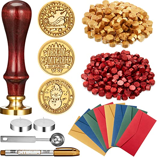 216 Pieces Christmas Wax Seal Stamp Kit, Including 3 Wax Stamp Brass Heads with Wooden Hilt, 200 Sealing Wax Beads, Marker Pen, Wax, Spoon, 8 Envelopes for Xmas Crafts and Decors (Stylish Style)