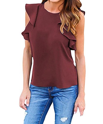 Shele Women Casual Solid Ruffle Sleeve Round Neck Blouse Tops ( FBA )