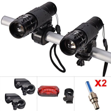 E-Goal Bike Light Set Front and Back 2pcs Cree Q5 LED Head Lights 2 Hand Bar Flashlight Holders Tail Rear Light and 2 Wheel Valve Lights As Gifts Zoomable Twin Front Torch up to 500 Lumen