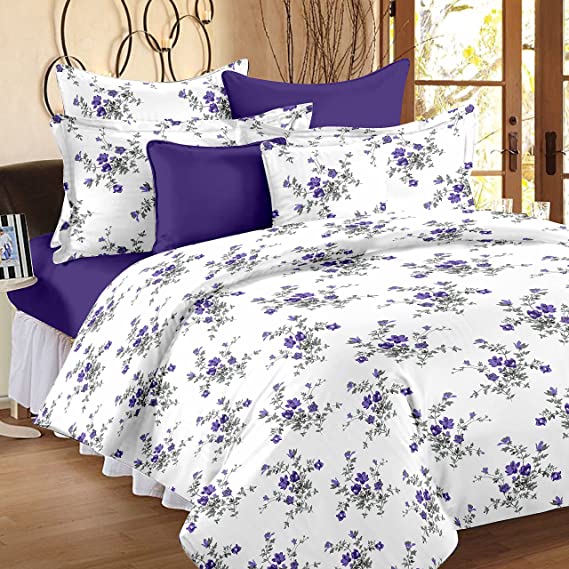 Ahmedabad Cotton 2 Piece 144 TC Cotton Single Bedsheet with Pillow Cover - White and Purple