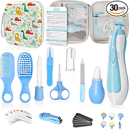 30 in 1 Baby Healthcare and Grooming Kit, Portable Baby Electric Nail Trimmer Set, Baby Medicine Kit Newborn Nursery Care Kit, Baby Essentials with Baby Medicine Dispenser, Haircut Tools, etc (Blue)
