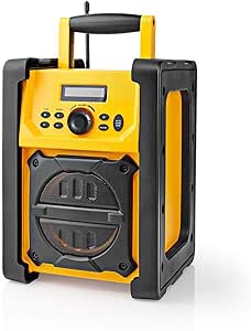 Ex-Pro Job Site FM Radio with Bluetooth, IPX5 Water Resistant Portable Heavy Duty Speaker with AUX In, 20 Presets & Carry Handle, Battery or Mains Powered - Yellow