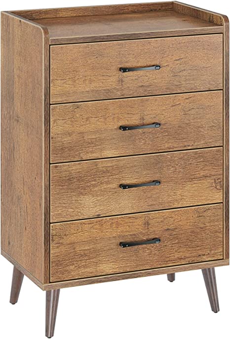 Rolanstar Drawer Dresser-Tool Free Quick Install, 4 Drawers Storage Dresser with Foldable Drawer Dividers, Mid Century Chest of Drawer with Anti-Tipping Device（Tool Free Except Drawer Handle and Foot）