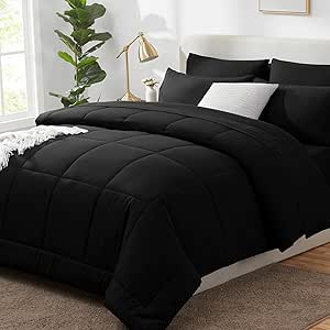 CozyLux Twin Size Comforter Sets - 5 Pieces Bed in a Bag Set Black, Bedding Sets Twin with All Season Quilted Comforter, Flat Sheet, Fitted Sheet, Pillowcases, Black