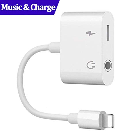 Headphone Jack Adapter for iPhone,3.5mm AUX Earphone Adapter for iPhone Xs/Xs Max/XR/ 8/8 Plus/X (10) / 7/7 Plus, 2 in 1 Headphone Audio and Charge Connector Splitter Adaptor Cable Dongle - White