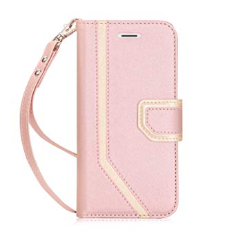 FYY iPhone X Case, iPhone X Wallet Case, [RFID Blocking wallet] [Makeup Mirror] Premium PU Leather iPhone X Edition (2017) Wallet Case with Cosmetic Mirror and Hand Strap Rose Gold