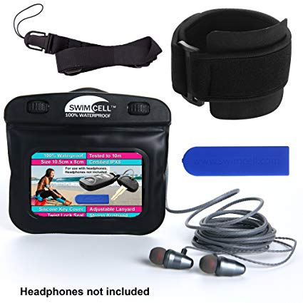 SwimCell Waterproof Case for Key, MP3 Player, Money, ID, Cards 3 x 4 inches. Adjustable Running Armband, Lanyard and Silicone Key Cover